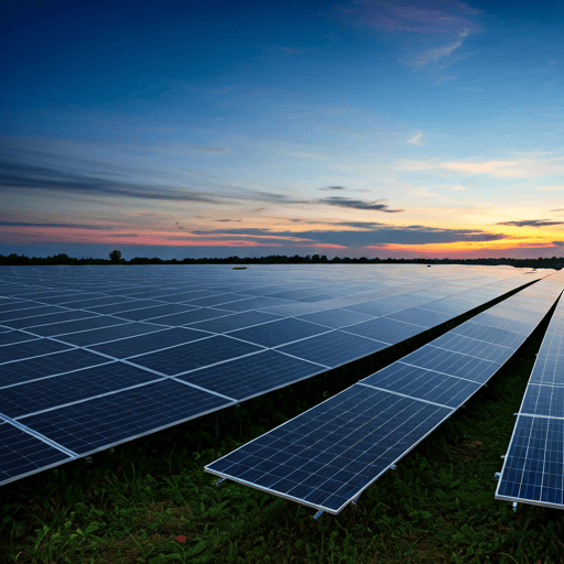 Wide view of a solar farm at dawn with rows of panels reflecting cool morning light.