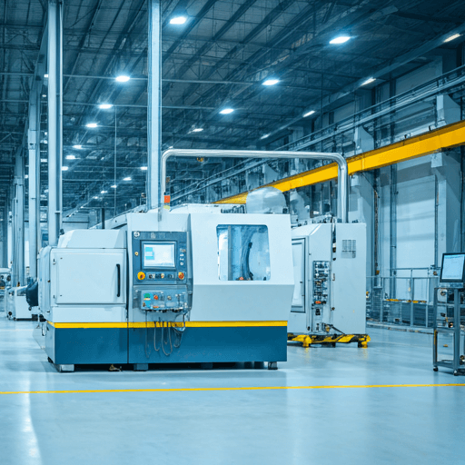 Modern industrial facility interior with clean precision equipment and logistics systems.