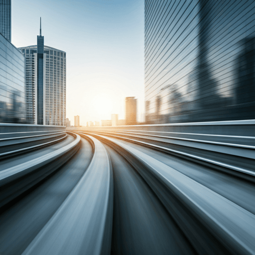 Sleek urban transport corridor with elevated rail infrastructure and modern city lines.