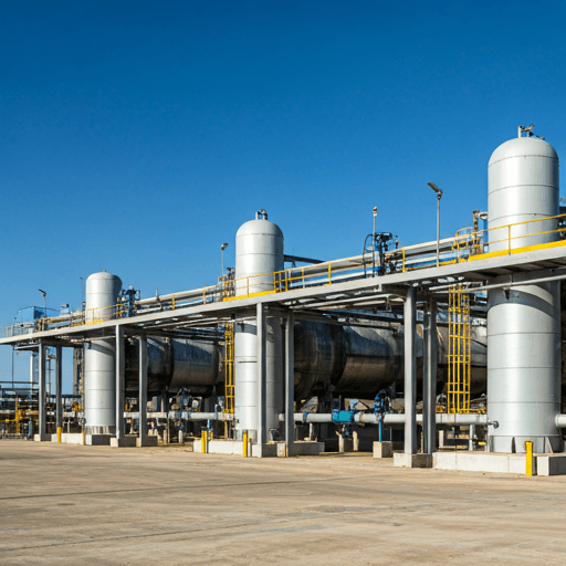 Modern water desalination facility with industrial piping under a clear horizon.