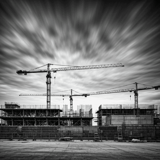 Monochrome construction site with large cranes at dusk